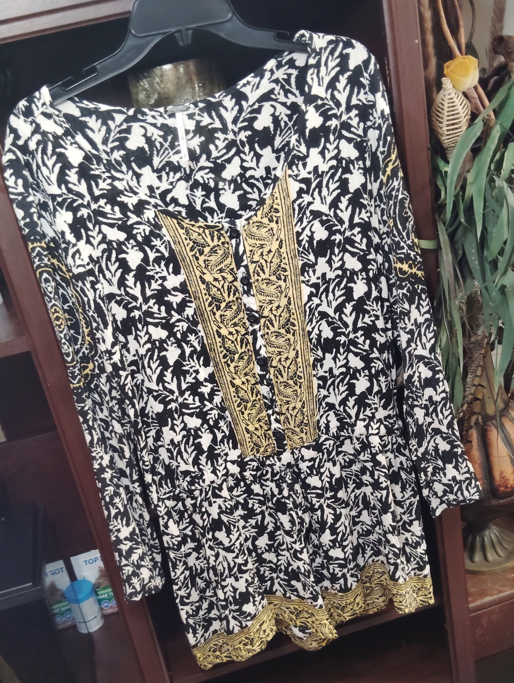 Free People Black & White Floral Romper with Gold Embroidered Trim